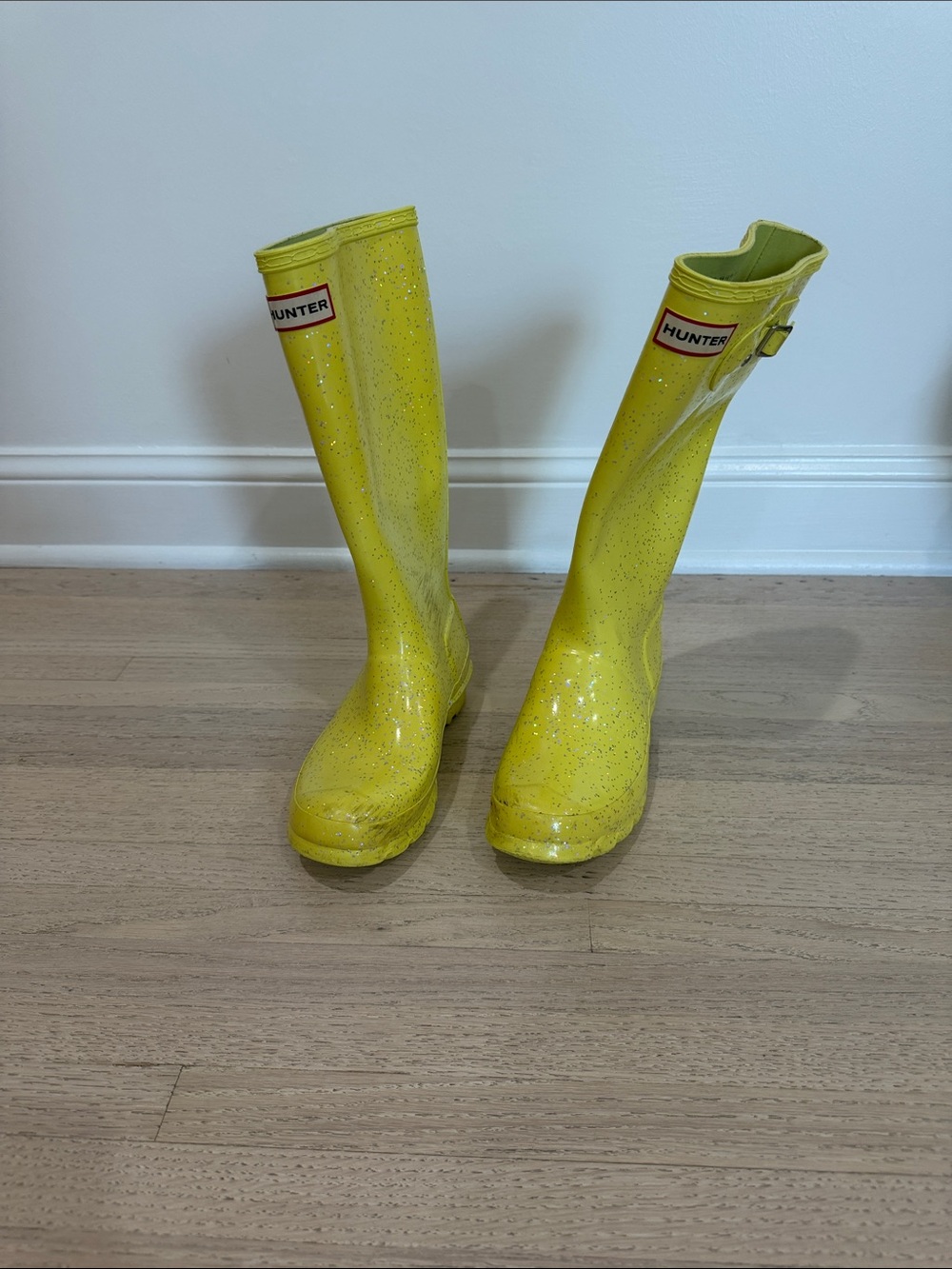 kids yellow glitter hunter boots